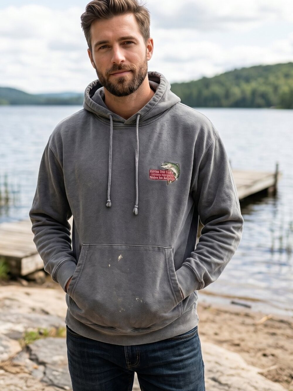 Cotton Fishing Hoodie Cotton Sweatshirt Pullover Distressed Bass Fish Size Large